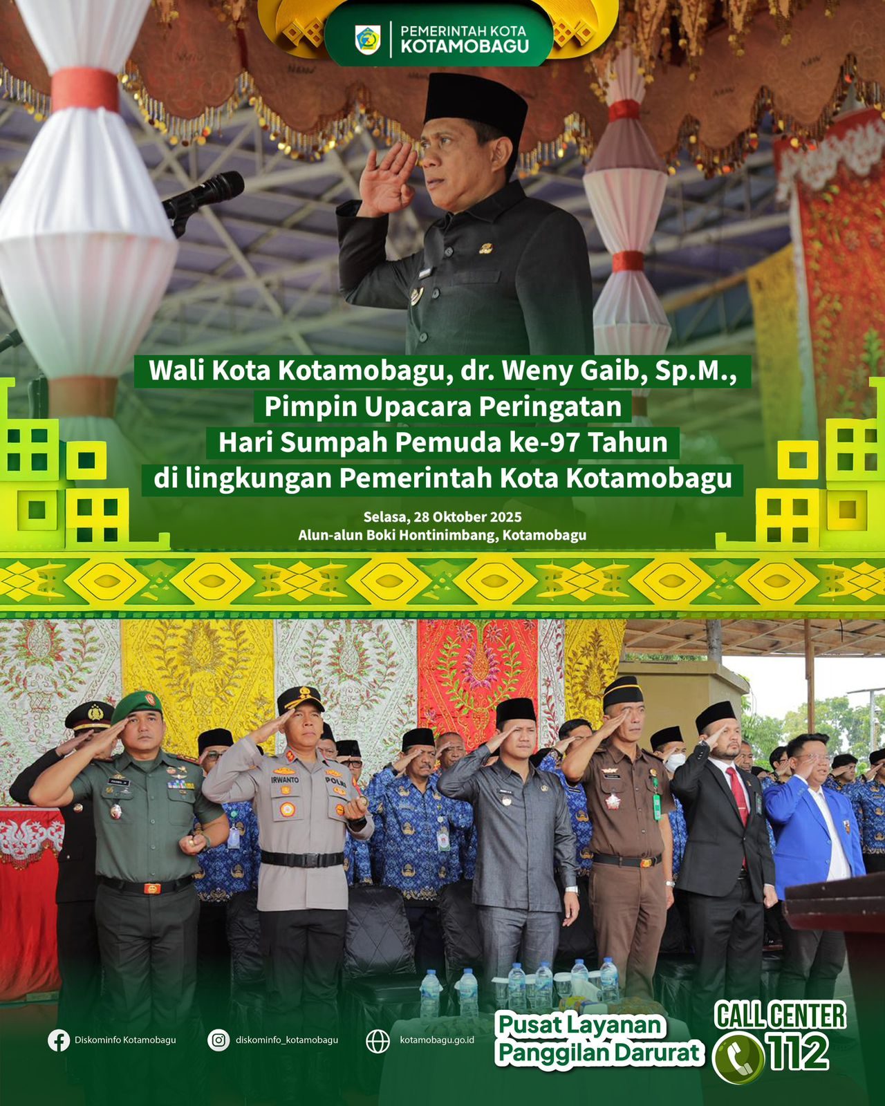 Wali Kota Kotamobagu Pimpin Upacara Peringatan Hari Sumpah Pemuda ke-97 Tahun di lingkungan Pemerintah Kota Kotamobagu